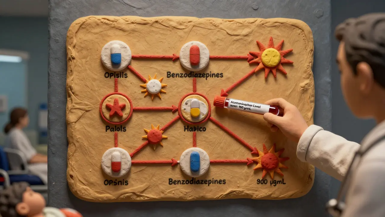 Toxicology chart showing dangerous drug interactions with warning signs and blood test results.