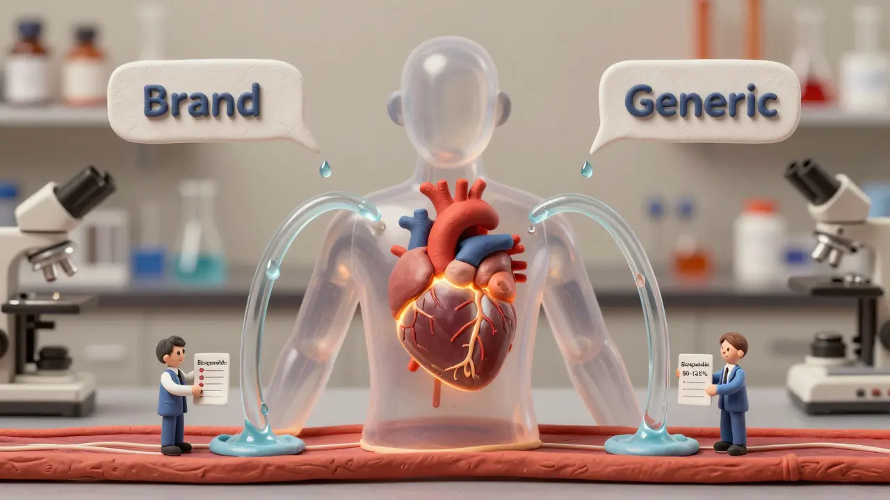 Transparent human torso with identical medicine streams from brand and generic drugs, verified by FDA inspectors in clay style.