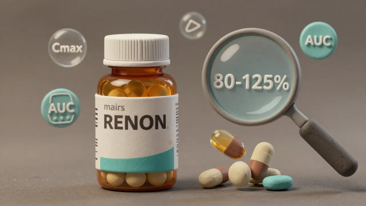 Two pill bottles with translucent pills showing identical active ingredients and bioequivalence metrics.