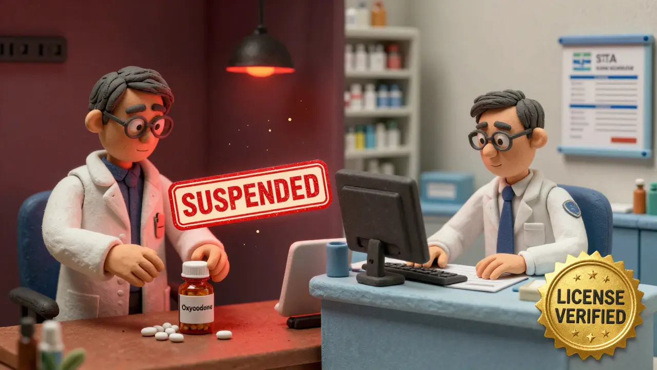 A dark figure prepares counterfeit pills while a licensed pharmacist verifies credentials in a bright board office.