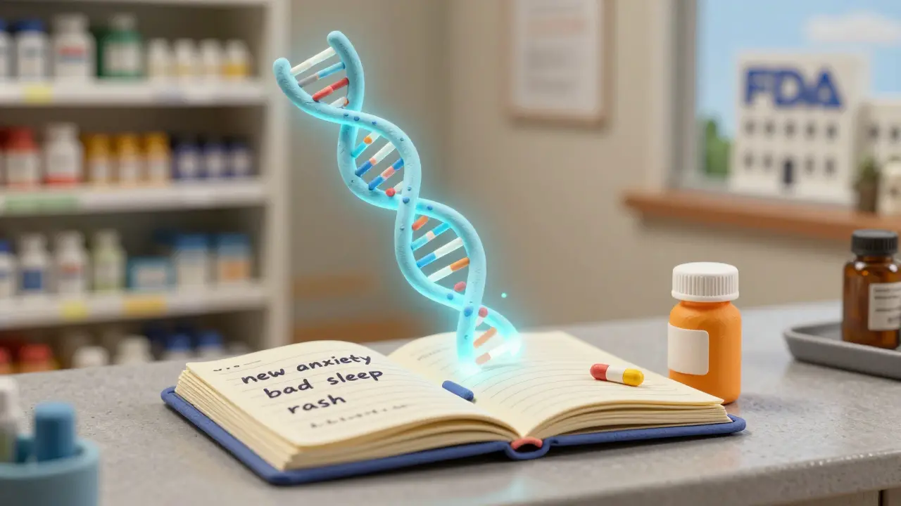 A patient's journal shows side effect notes beside a pill bottle, with a glowing DNA strand above.