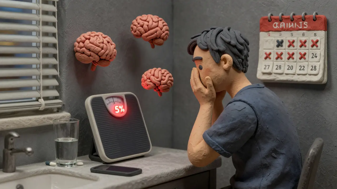 A person notices unexplained weight loss and experiences side effects like nausea and brain fog at home, surrounded by medication and calendar markers.