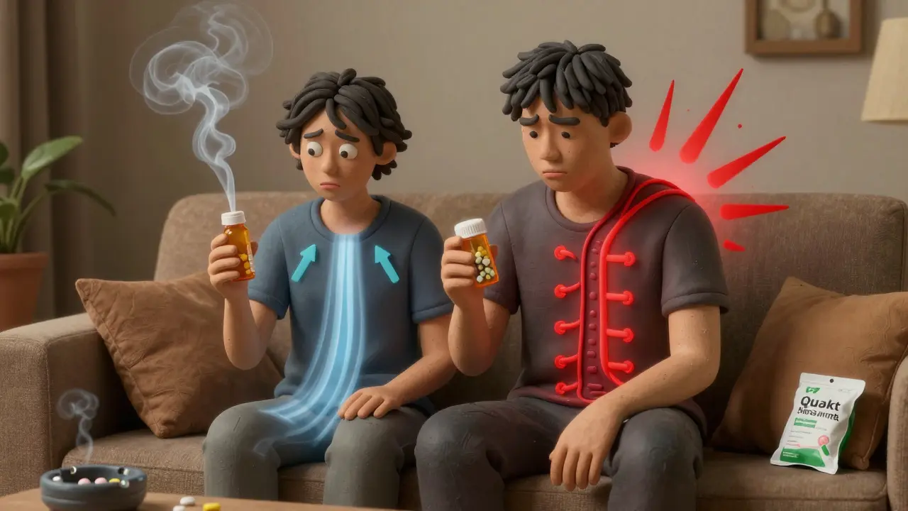 A person’s body showing medication levels dropping from smoking and rising after quitting.