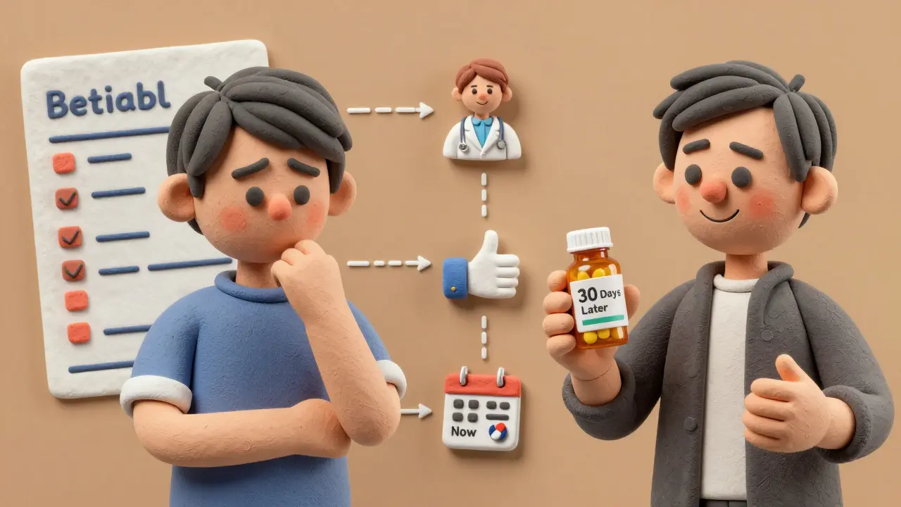 A person transitioning from stress over medical costs to relief after switching to an affordable generic medication.