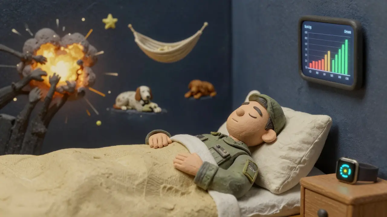 A sleeping soldier as nightmares dissolve into calm stars and a hammock, with a sleep tracker showing improvement on the wall.