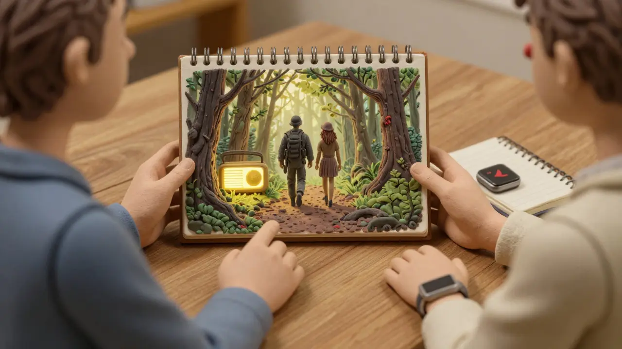 A therapist and patient reviewing a rewritten nightmare scene of a peaceful forest, symbolizing healing through imagery rehearsal.