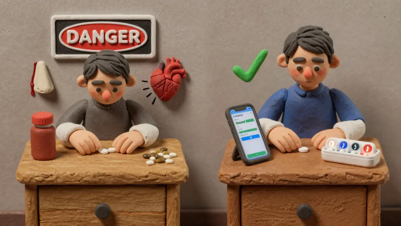 Contrasting scenes: one showing danger from doubling pills, another showing safe action with pharmacist call.