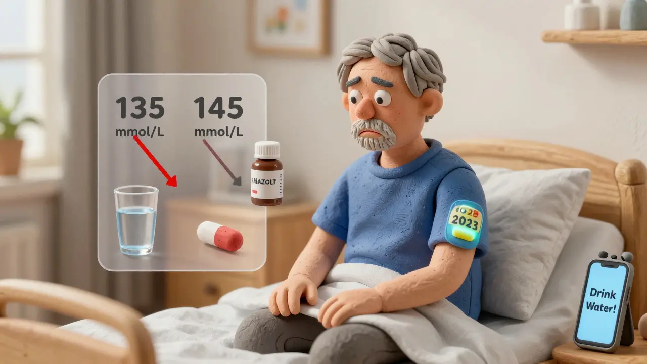 Elderly person with sodium monitoring patch, surrounded by fluid and medication symbols in clay style.