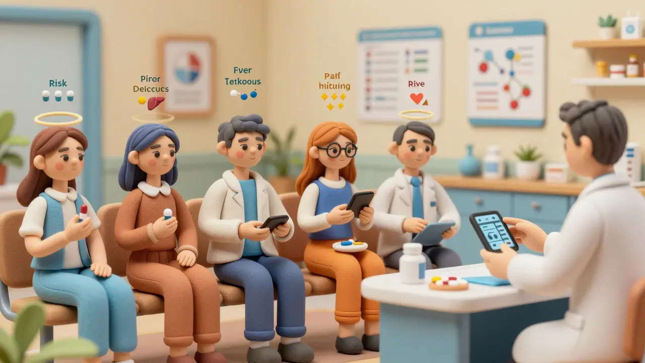 Patients in a clinic hold different medications, each with personalized risk indicators, while a pharmacist reviews pharmacogenomic data.