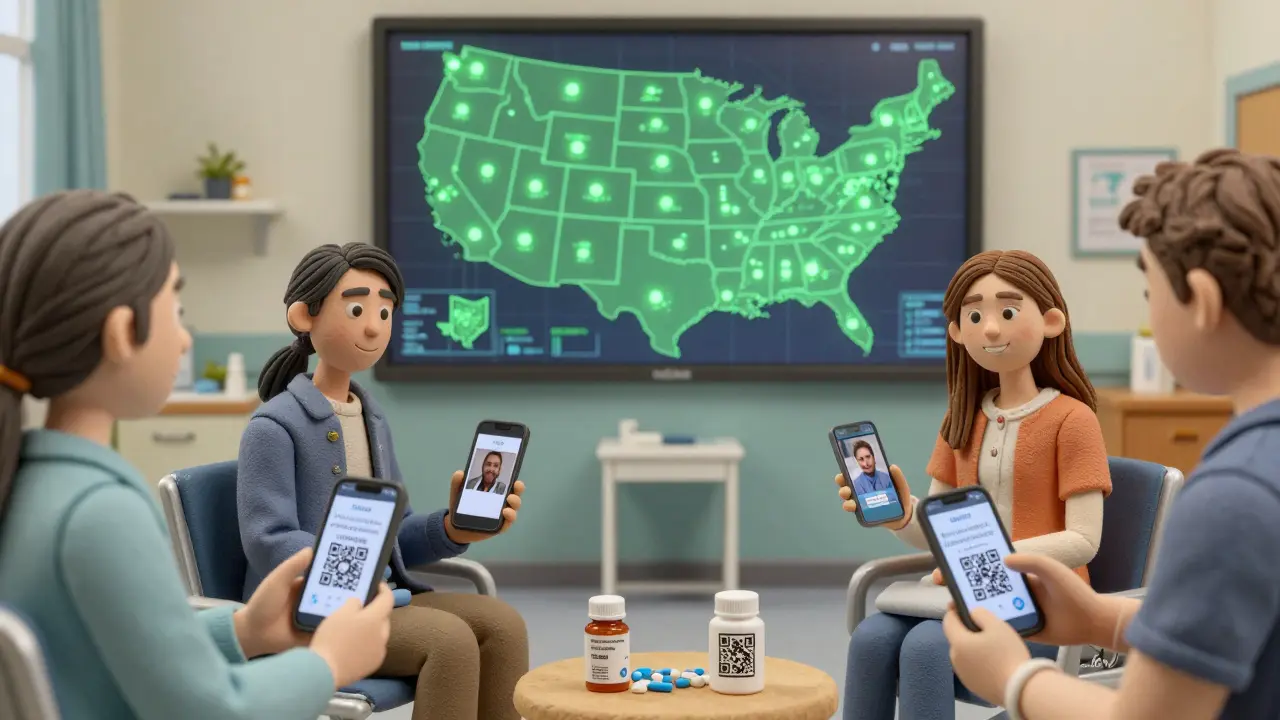 Patients scanning QR codes on pill bottles to view drug testing videos in hospital.