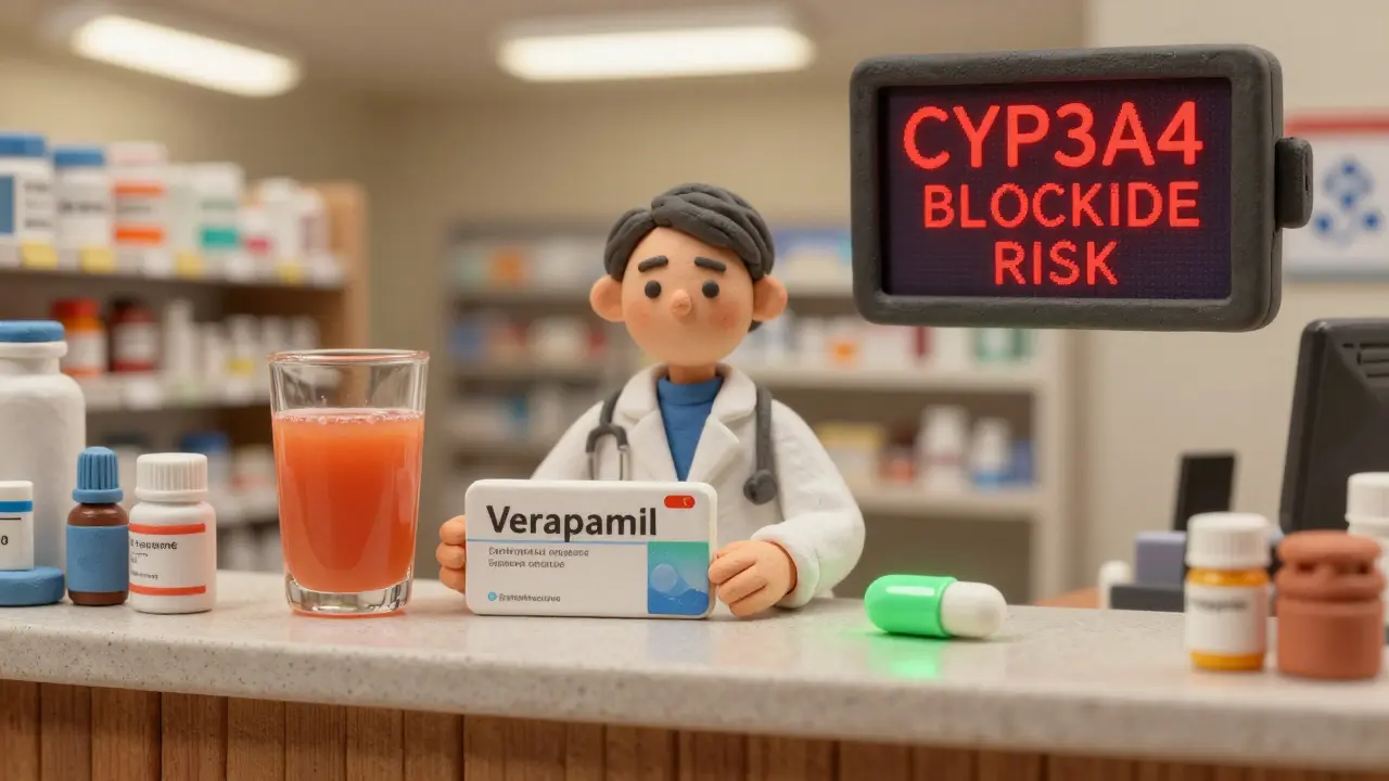 Pharmacist at counter with verapamil and grapefruit juice, digital alert flashing red risk warning