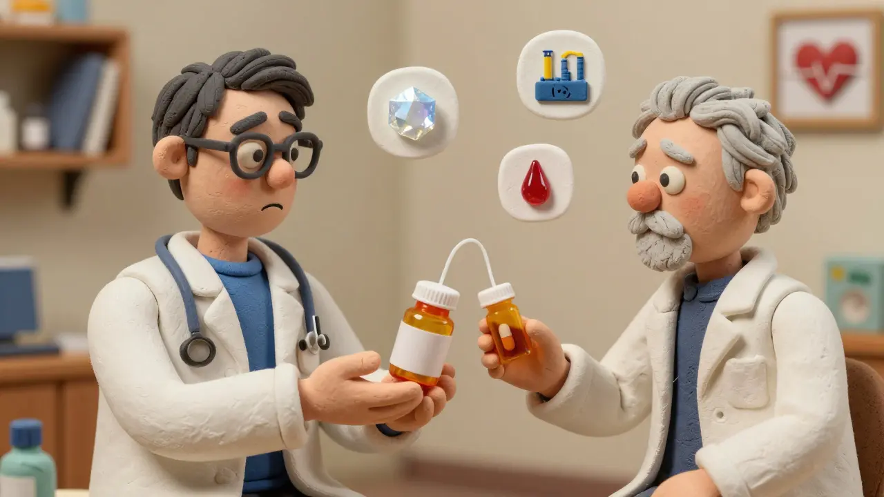 Pharmacist giving a pill bottle to an elderly patient, with invisible allergens and factory icons floating nearby.