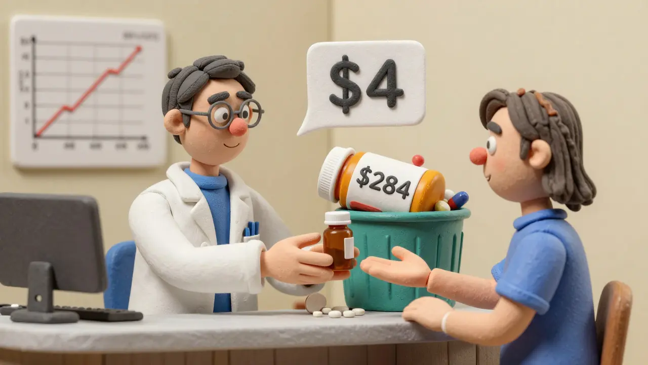 Pharmacist handing a low-cost generic pill bottle to a patient while a high-priced brand bottle is discarded.