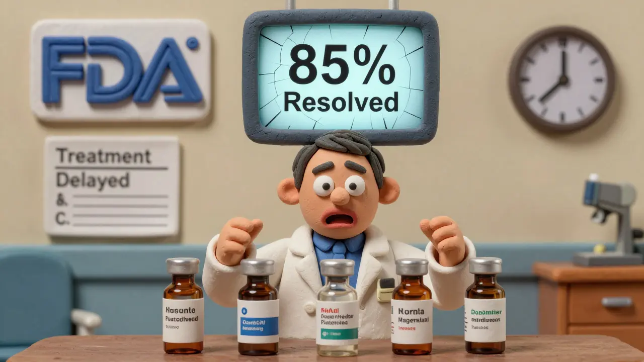 Pharmacist juggling multiple antibiotic vials in hospital, FDA screen cracked, patient chart showing treatment delay.