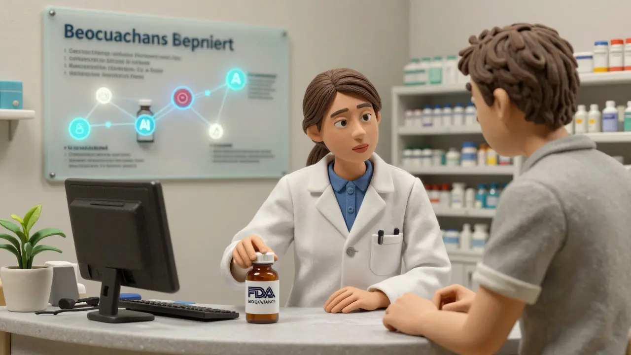Pharmacist showing FDA-approved generic bottle with transparent supply chain infographic.
