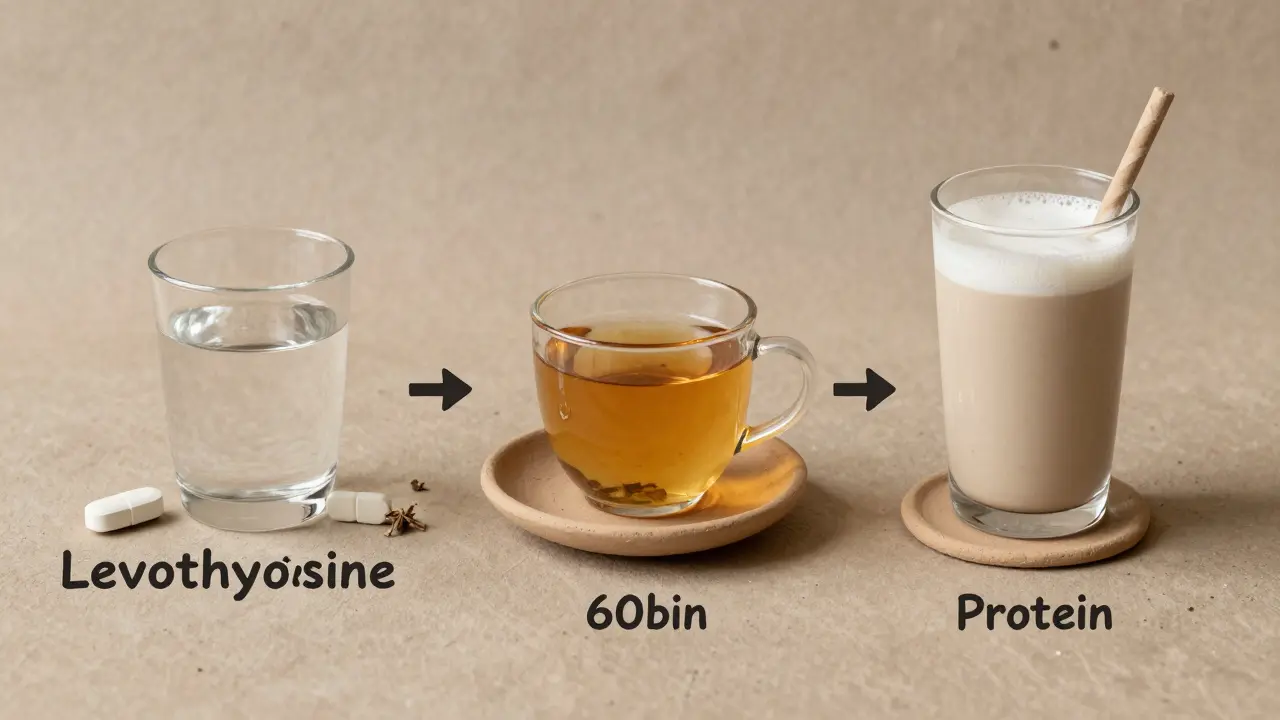 Timeline of levothyroxine and protein shake timing sequence.