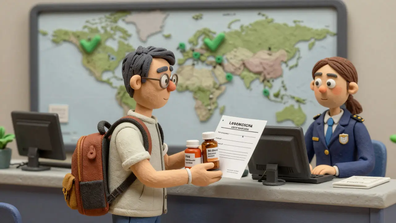 Traveler passing through airport security with medications and doctor's letter, customs officer approving the 90-day supply.