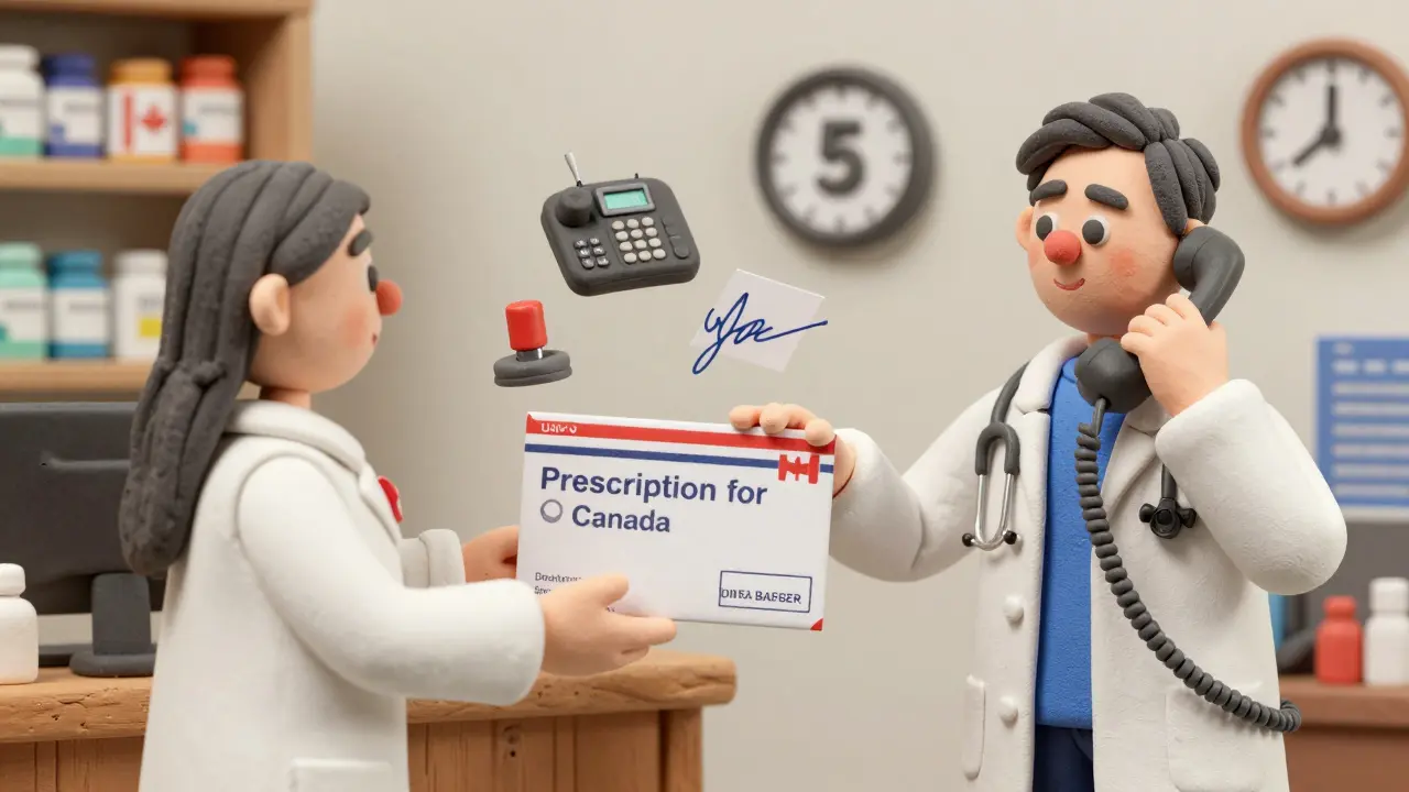 U.S. prescription mailed to Canadian pharmacy, pharmacist calling U.S. doctor to verify details for cosigning process.