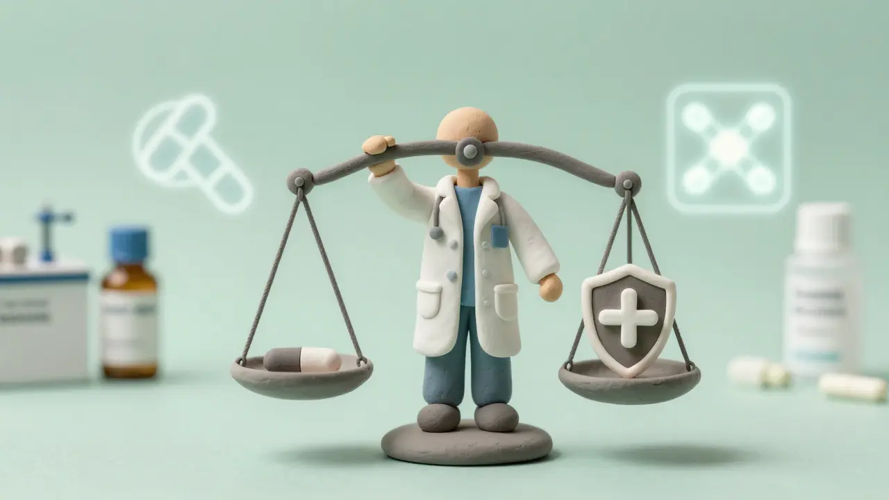 A clay doctor figure adjusts a balance scale weighing medication against organ health.