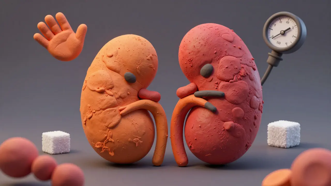 A clay kidney model surrounded by floating icons representing tremors and metabolic issues.