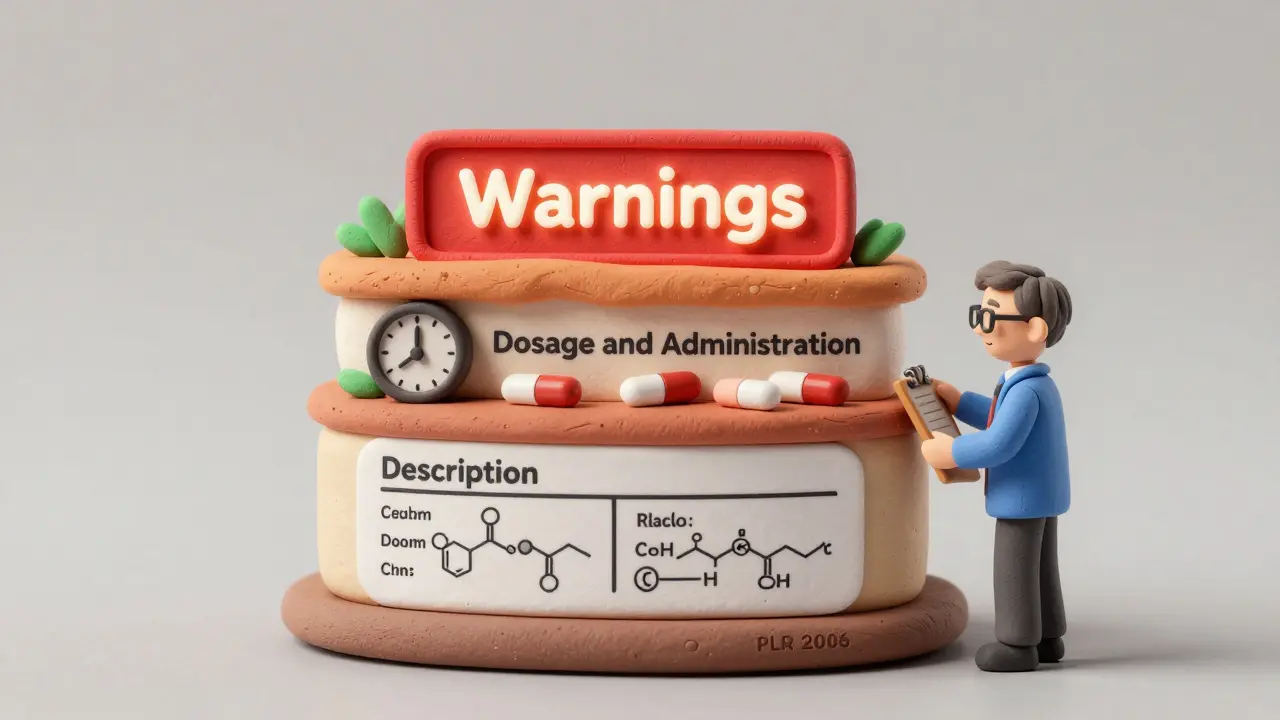 A layered clay cake representing a drug label structure, with an FDA inspector examining each section.