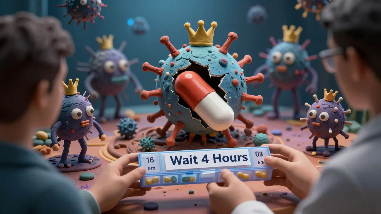 A superbug emerging from a cracked pill while a pharmacist hands a patient a labeled pill organizer with timing instructions.