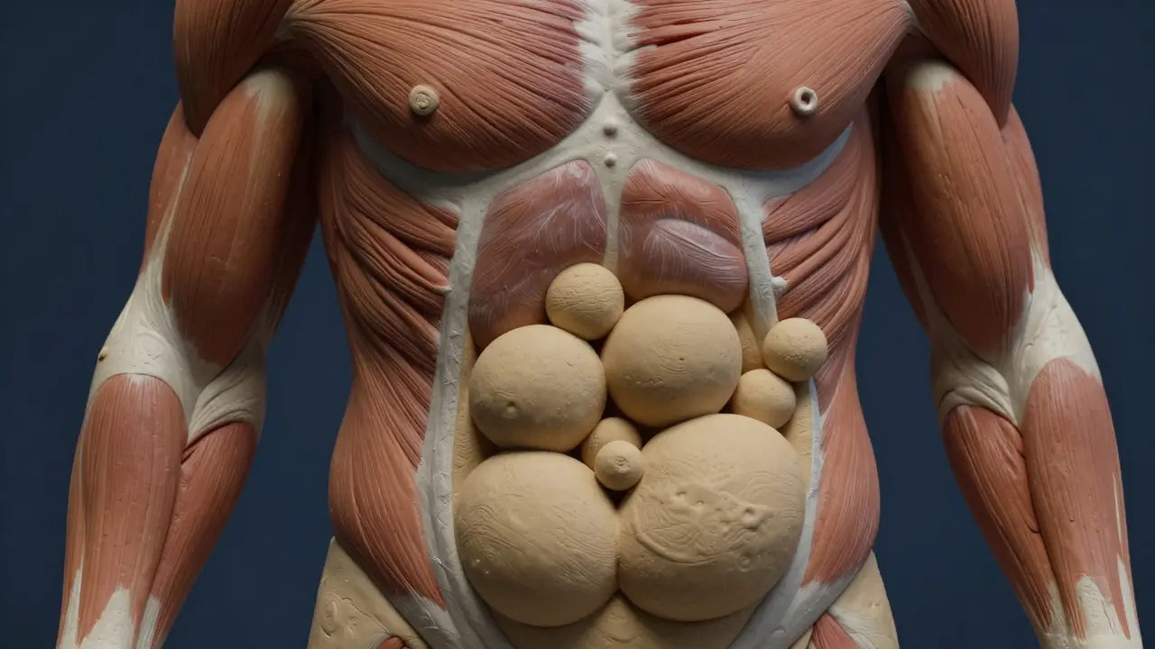 Abstract clay figures showing muscle loss and fat shift.