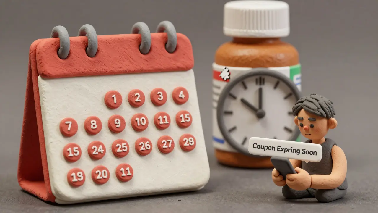 Calendar with red circles marking months until a coupon expires, next to a cracked drug coupon.