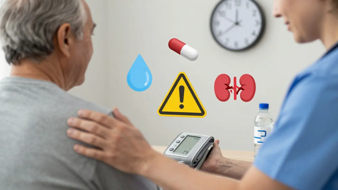 Caregiver supporting senior with floating icons of diuretics, water, and kidney warning.