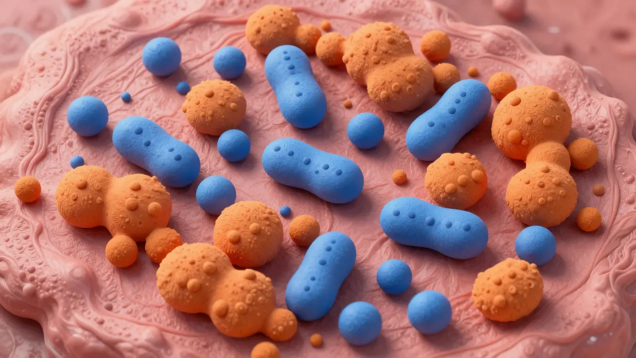 Clay art showing bacteria and yeast imbalance microscopically.