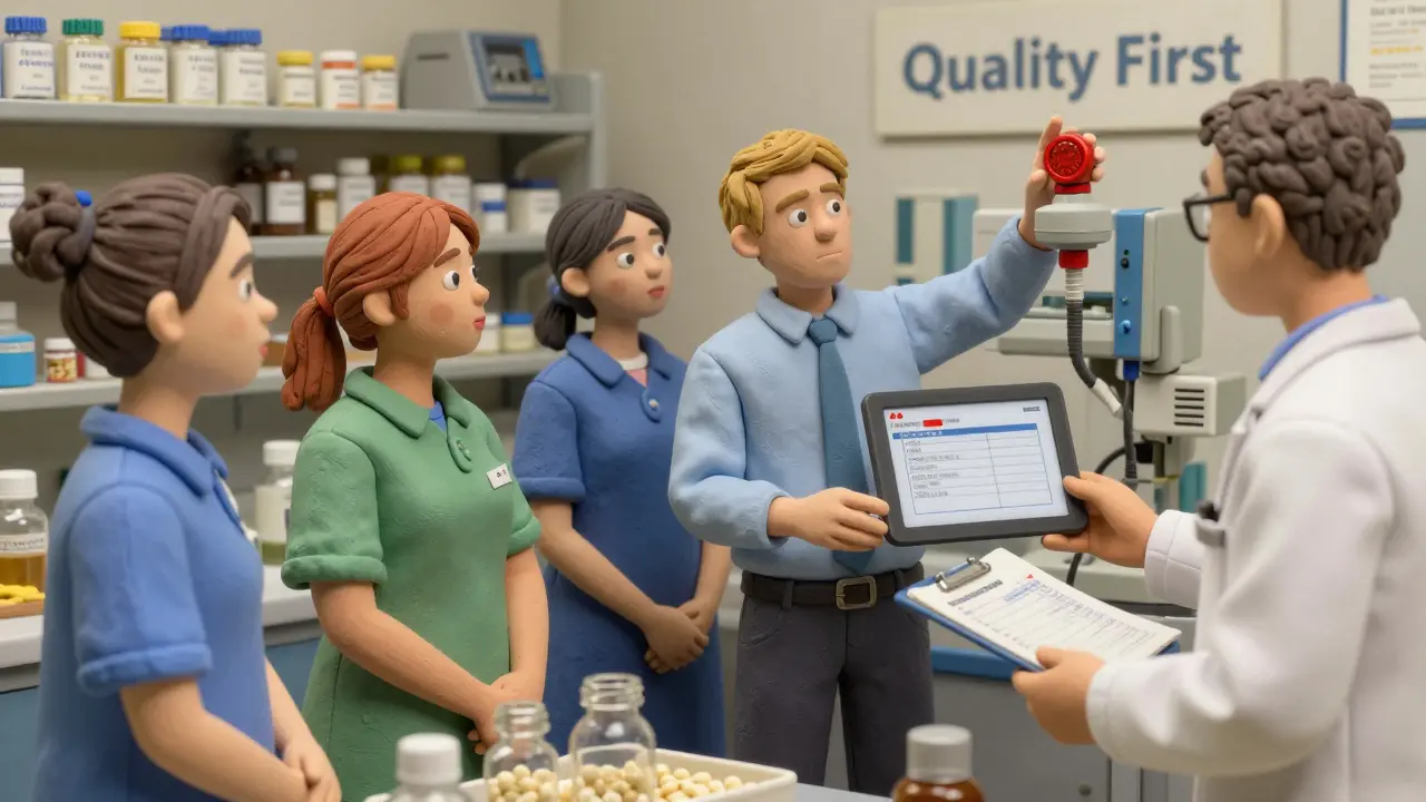 Factory team conducts mock FDA inspection with a deviation log and sensor alarm in focus.