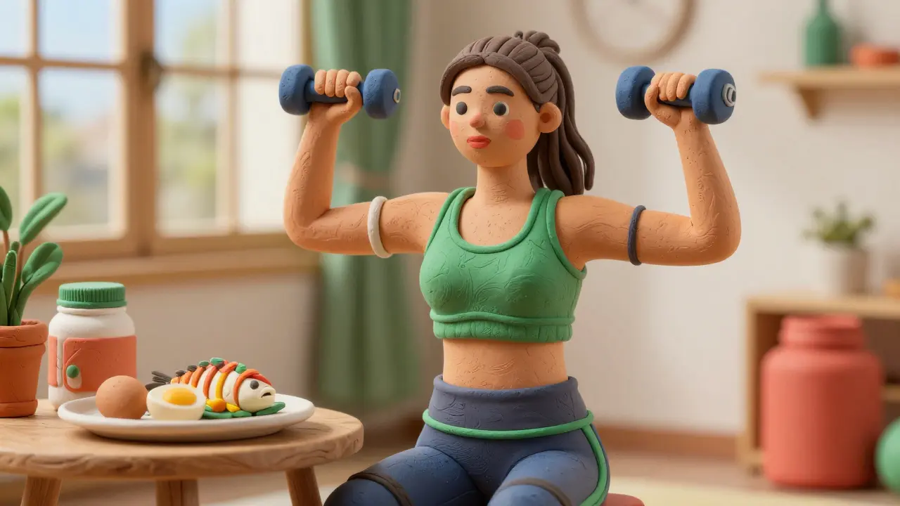Fit woman lifting weights and eating protein in clay art.