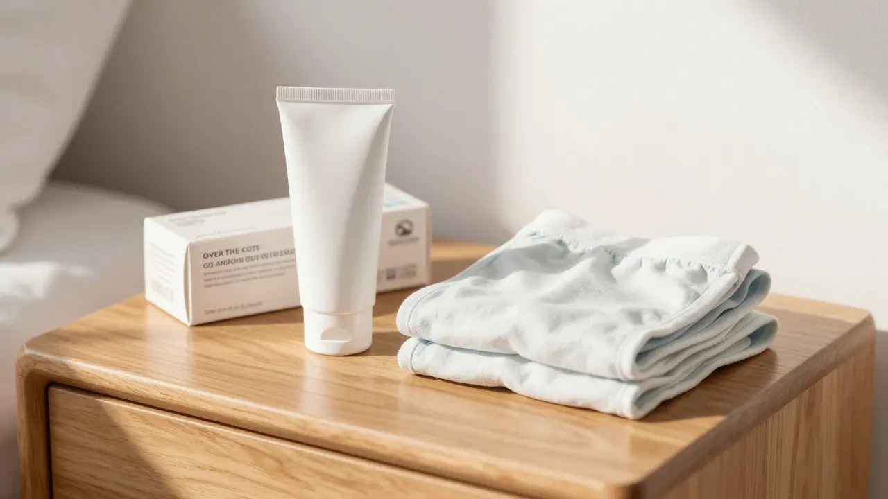 Generic cream tube and cotton underwear on a nightstand.