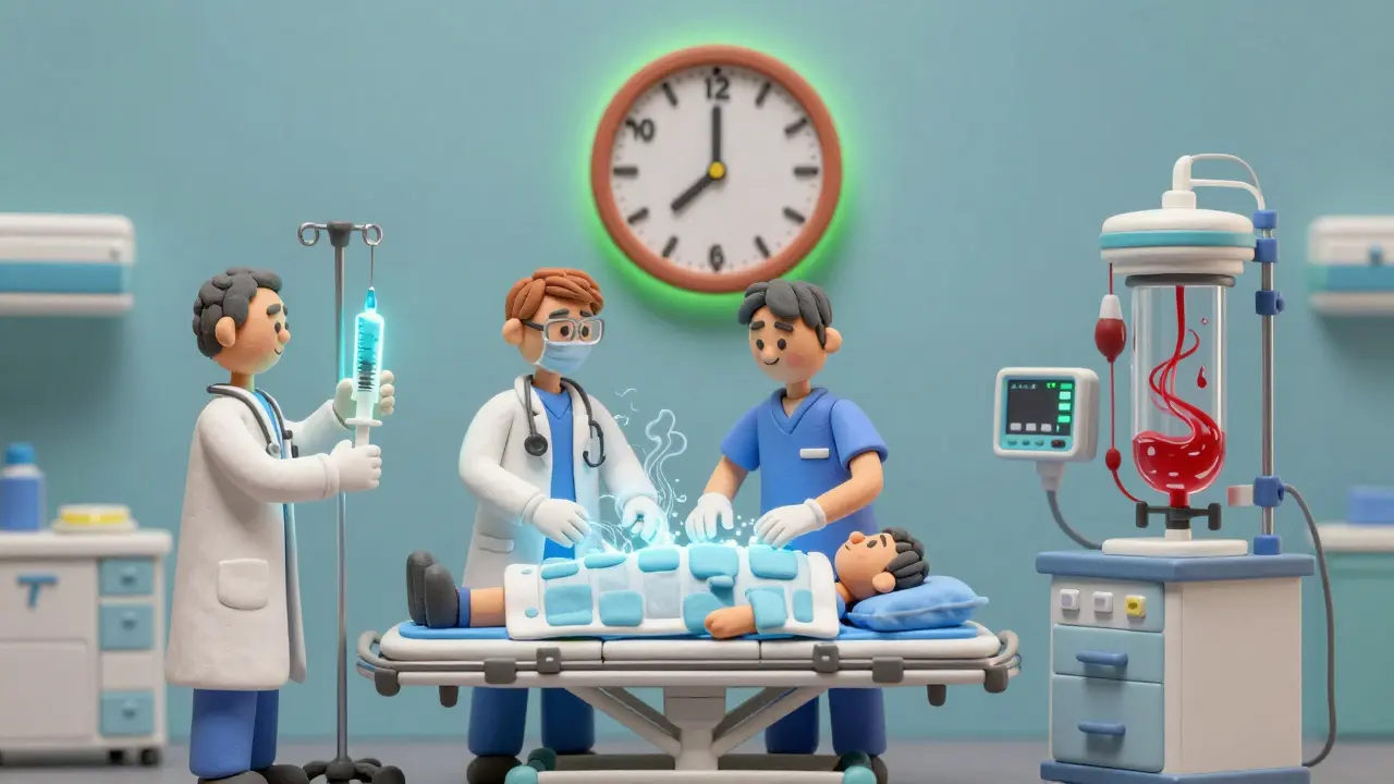 ICU medical team treating a thyroid storm patient with IV meds, cooling blankets, and blood-filtering machine in clay style.