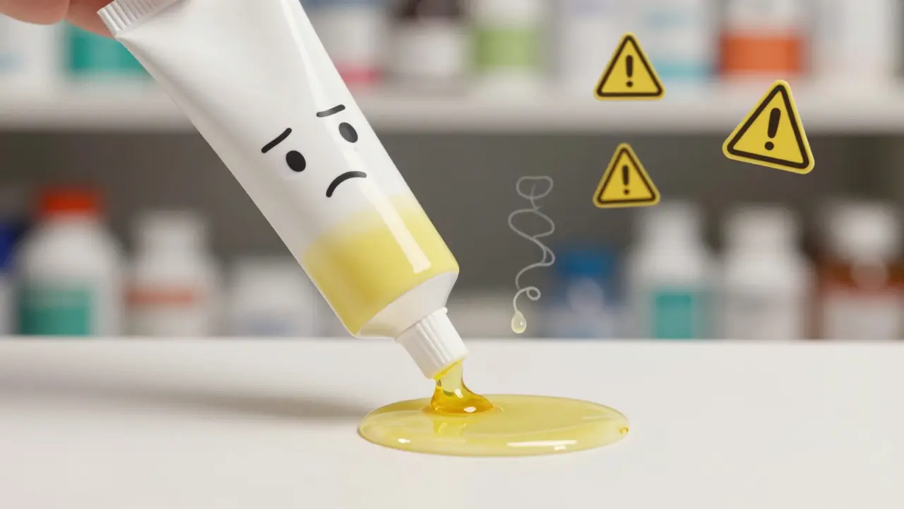 Separated cream oozing from a tube with oil and water layers, illustrating chemical breakdown.
