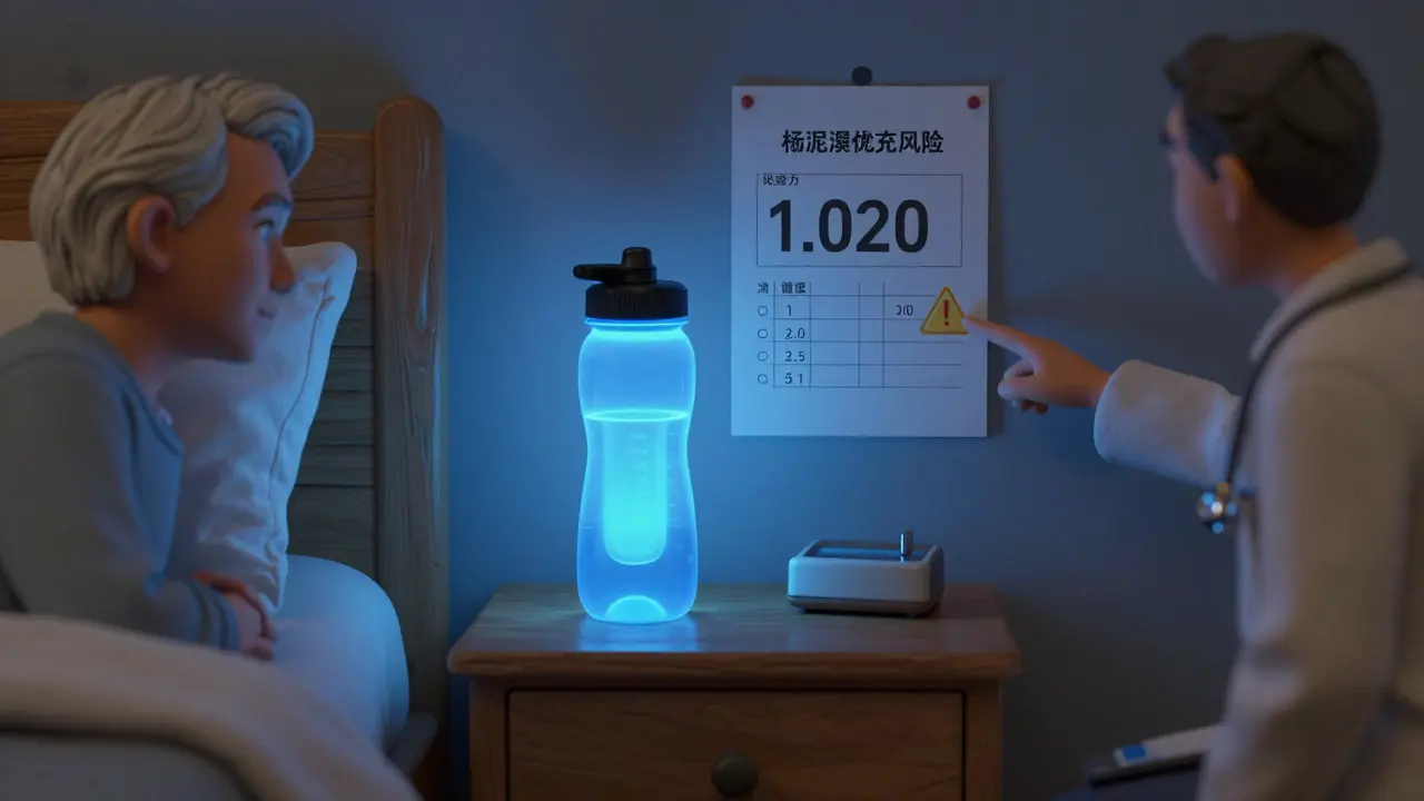 Smart water bottle glowing beside medical charts showing dehydration signs at night.