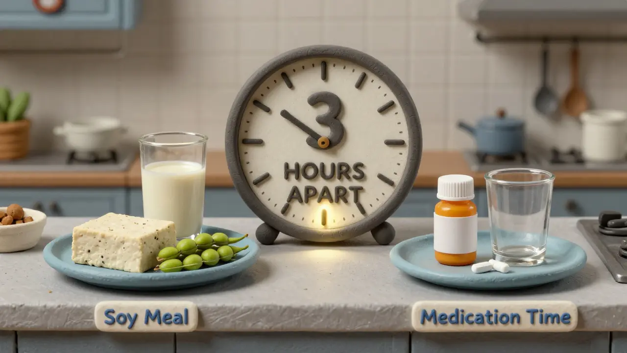 Soy foods and thyroid pill separated by a 3-hour clock on a kitchen counter.