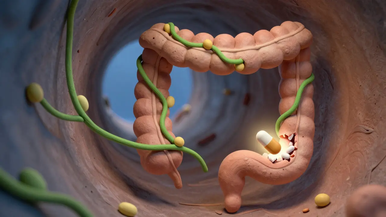 Soy molecules block thyroid pills in a clay intestine, one pill successfully passes.