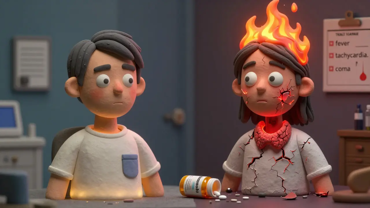 Split image: one side calm, the other in thyroid storm with cracked skin, blazing heat, and shattered heart rate monitor.