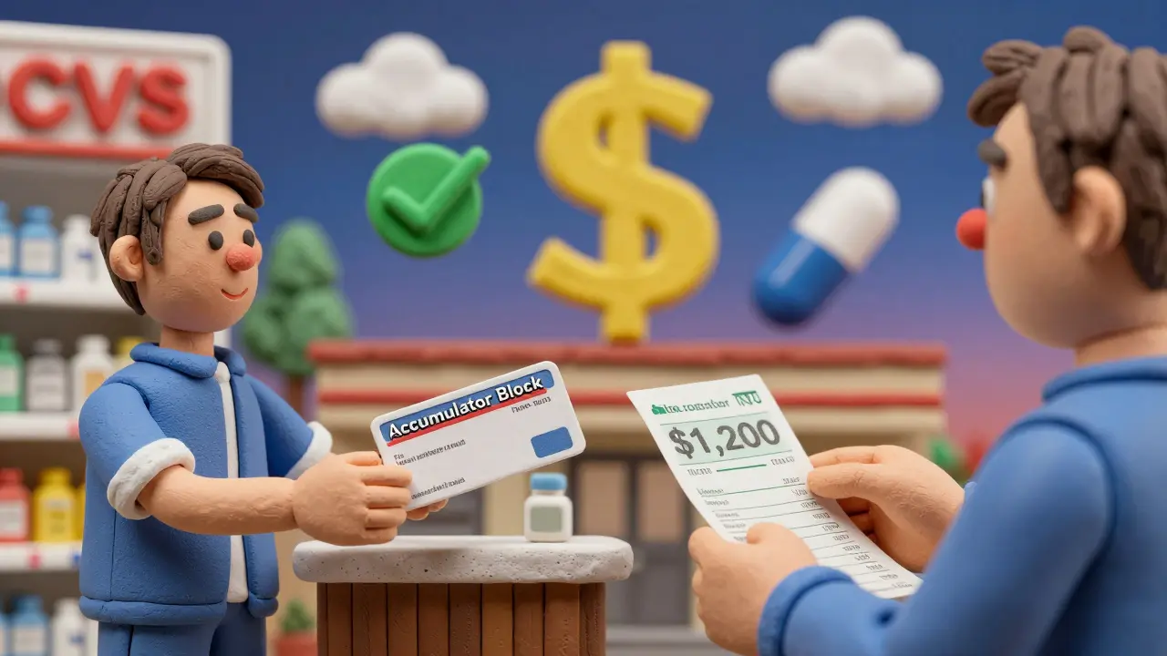 Split scene: one person saving money at pharmacy, another facing high cost due to insurance policy.