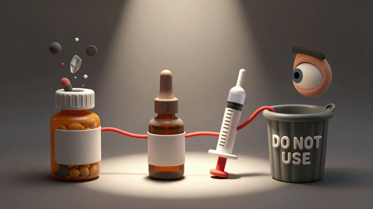 Three expired medications with visible defects, all marked by a warning line leading to a disposal bin.