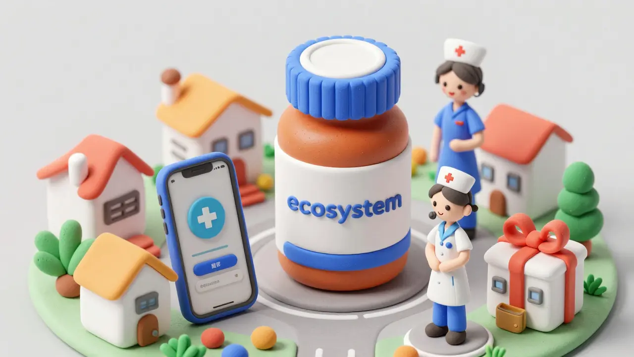 A brand-name medicine bottle surrounded by clay models of a health app, a nurse, and reward ribbons.