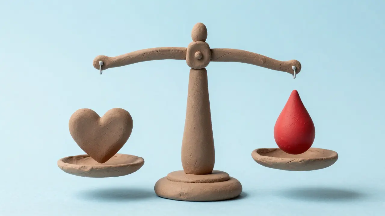 A clay scale balancing a heart symbol against a red blood drop.