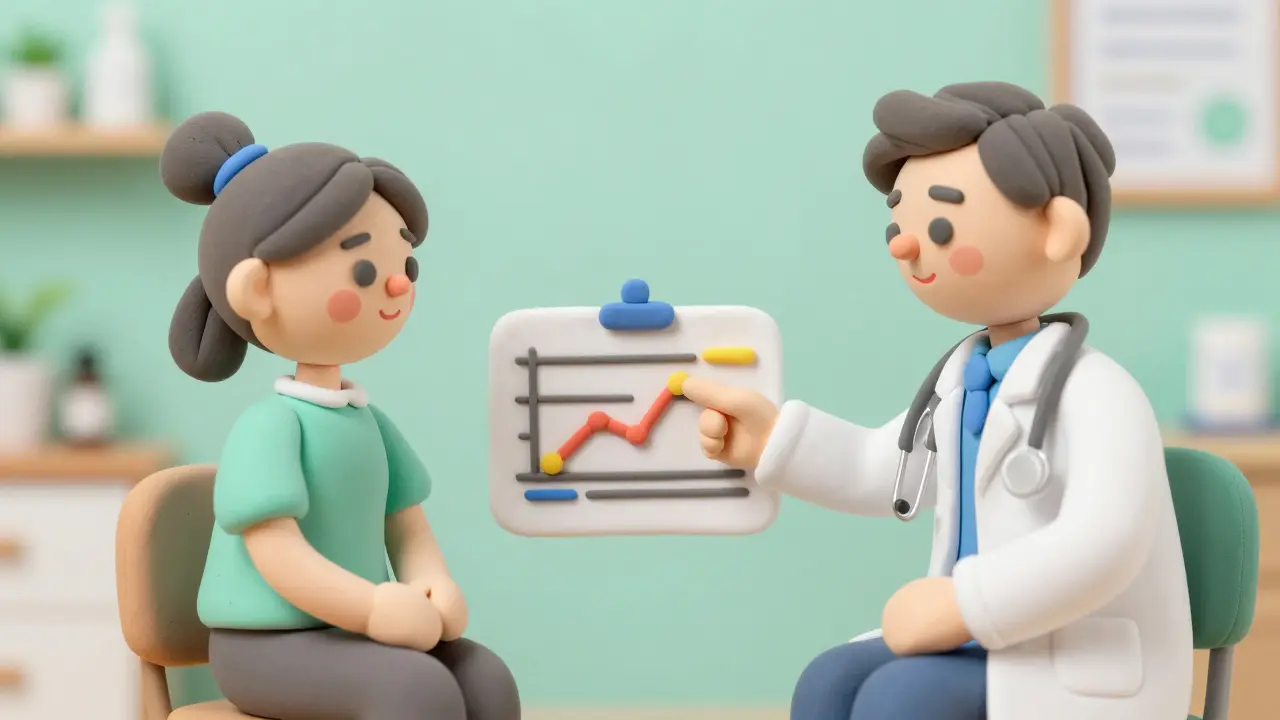 A doctor and patient in a clay style consulting about health risks.