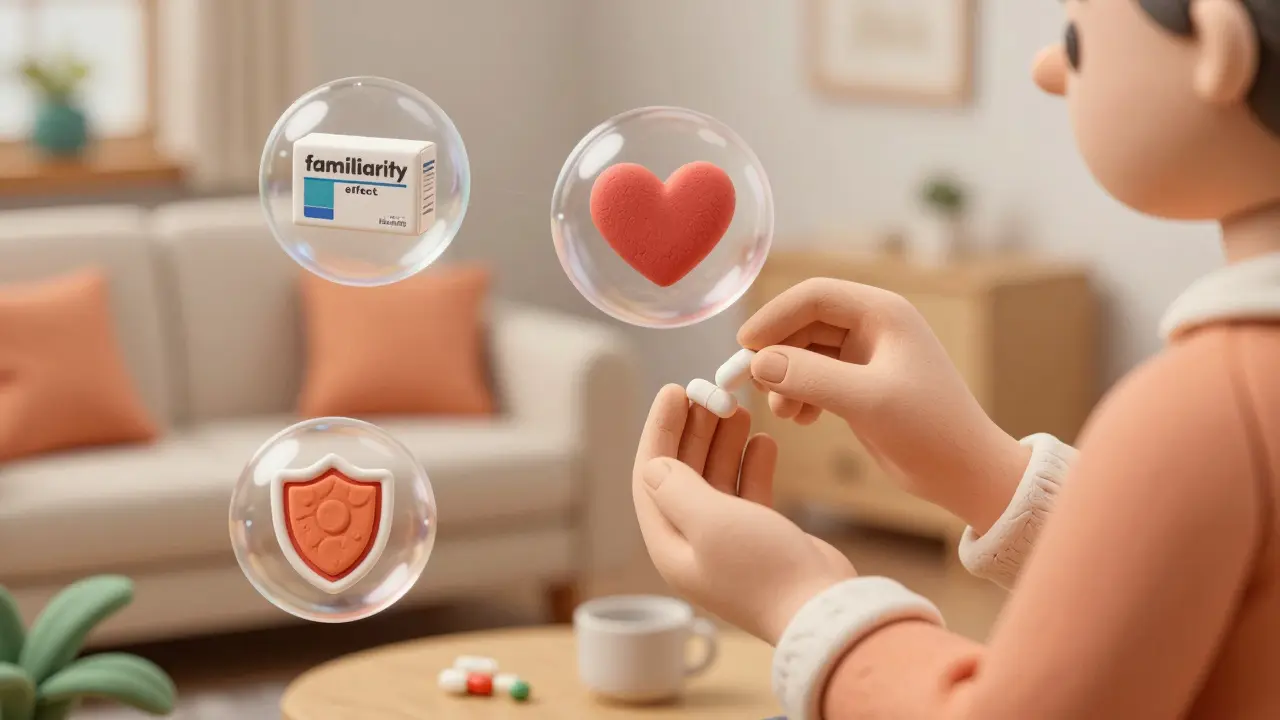 A person holding a pill with thought bubbles symbolizing safety and reliability in a cozy room.