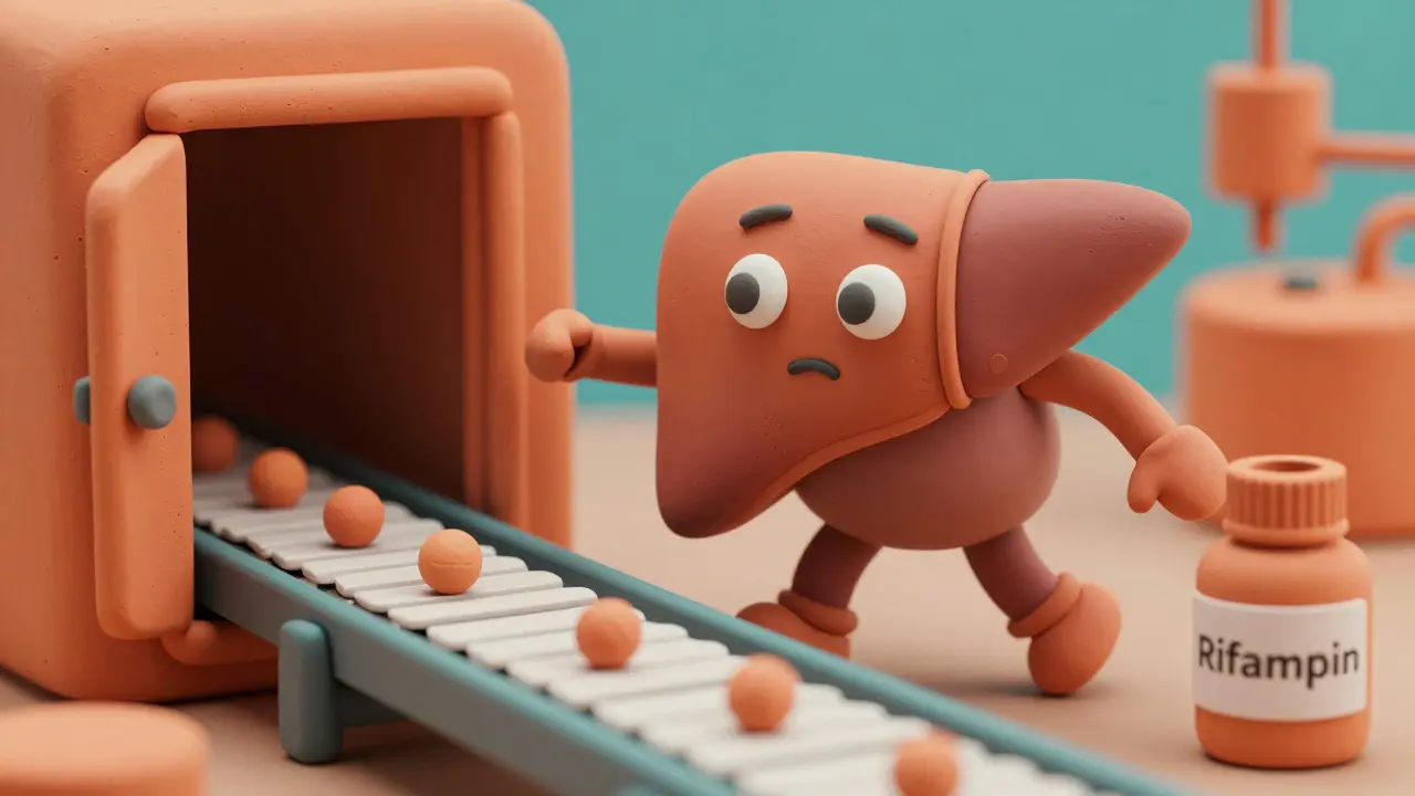 Clay animation style showing a liver character speeding up the processing of hormones due to Rifampin.