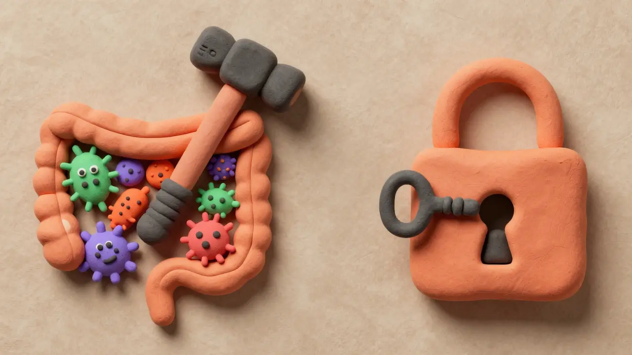 Clay art comparing a sledgehammer antibiotic to a precise penicillin key in the gut.