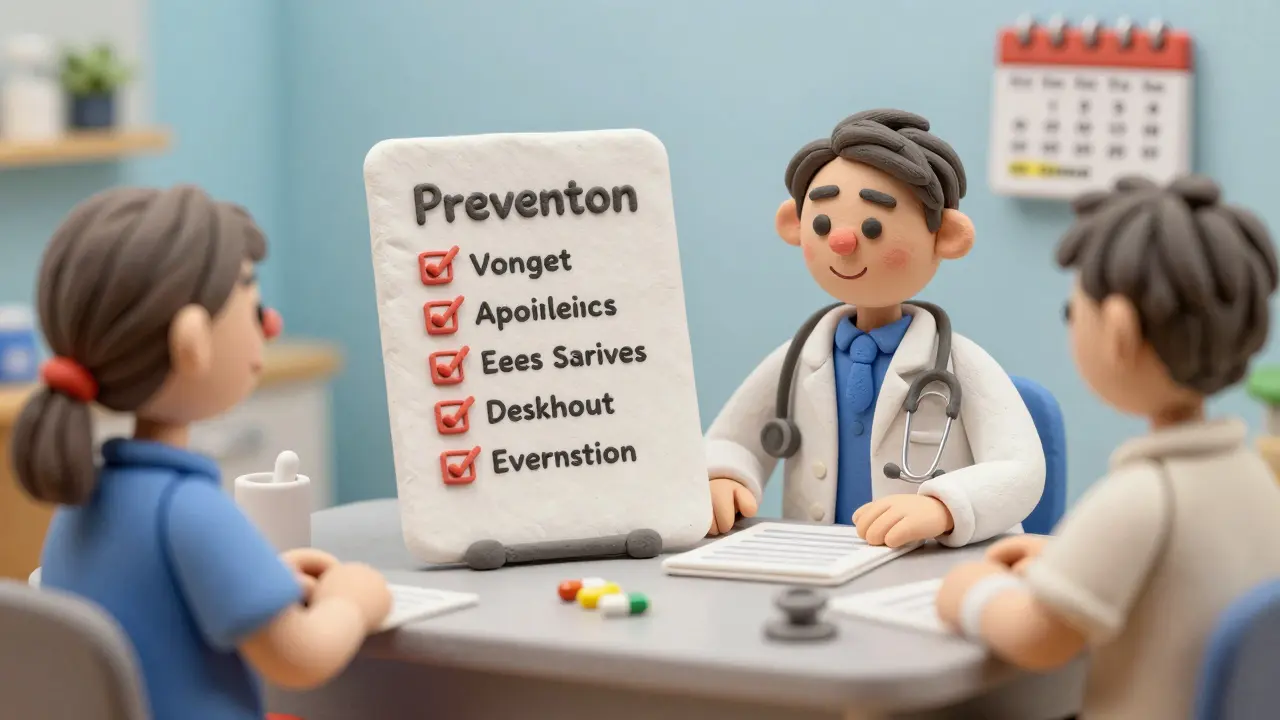 Clay doctor and patient reviewing a medication list and a washout calendar