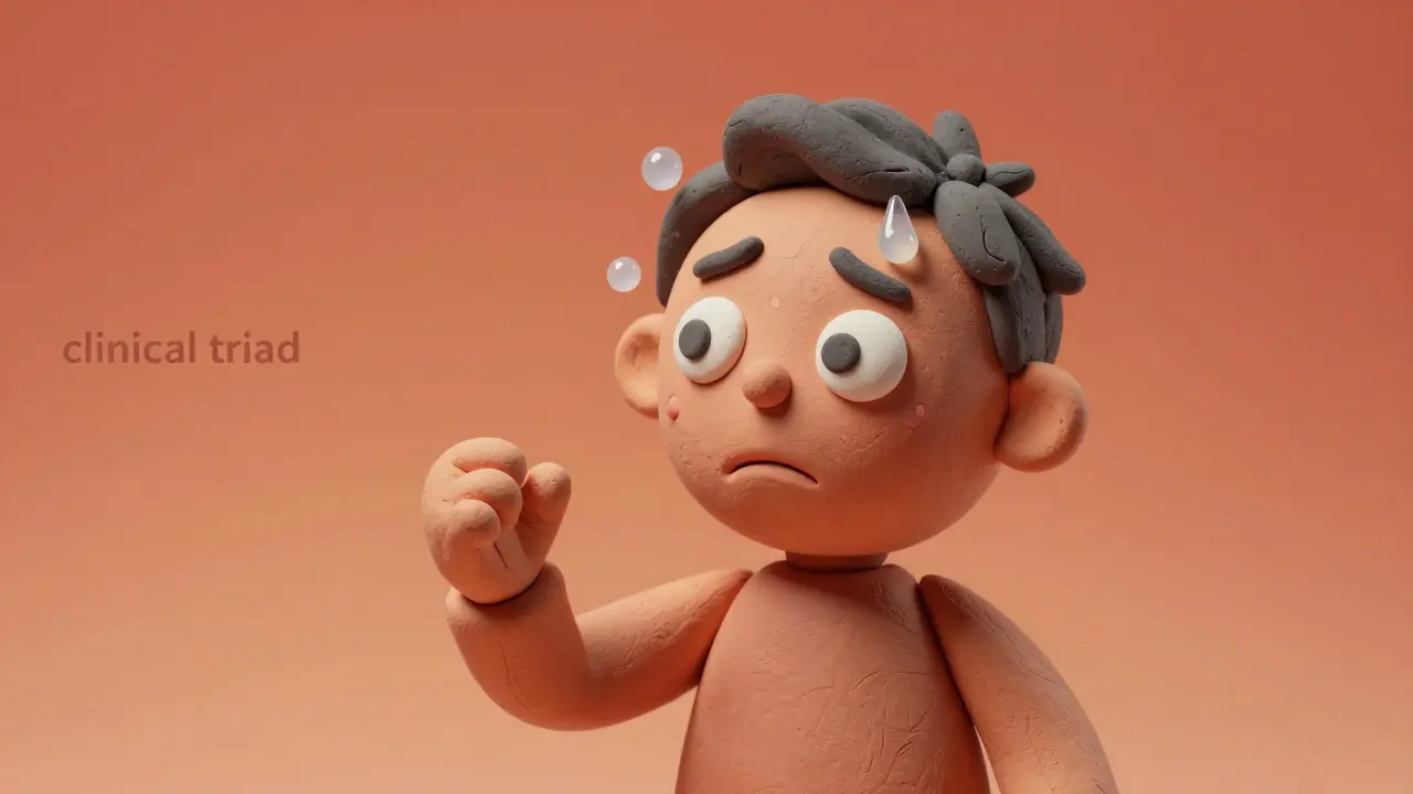 Clay figure exhibiting sweating, muscle jerks, and a confused expression