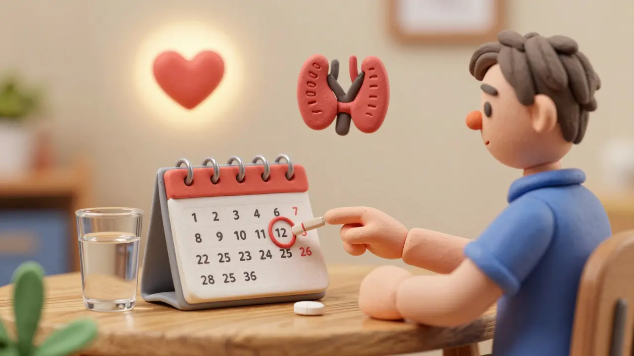Clay illustration of a person marking a 6-week TSH test date on a calendar.